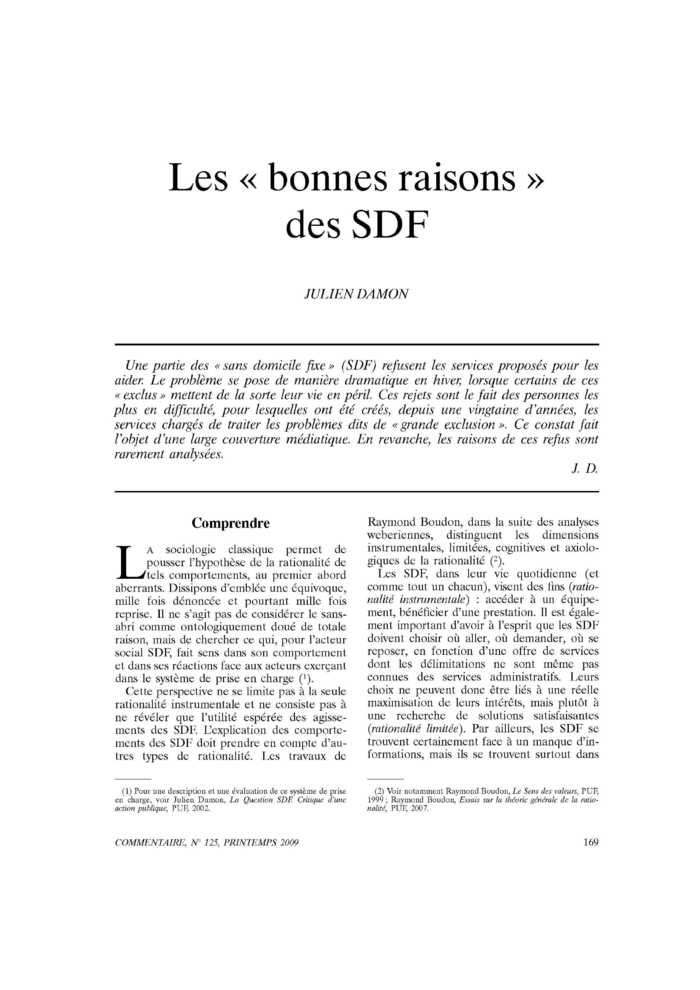 Les « bonnes raisons » des SDF
 – page 1