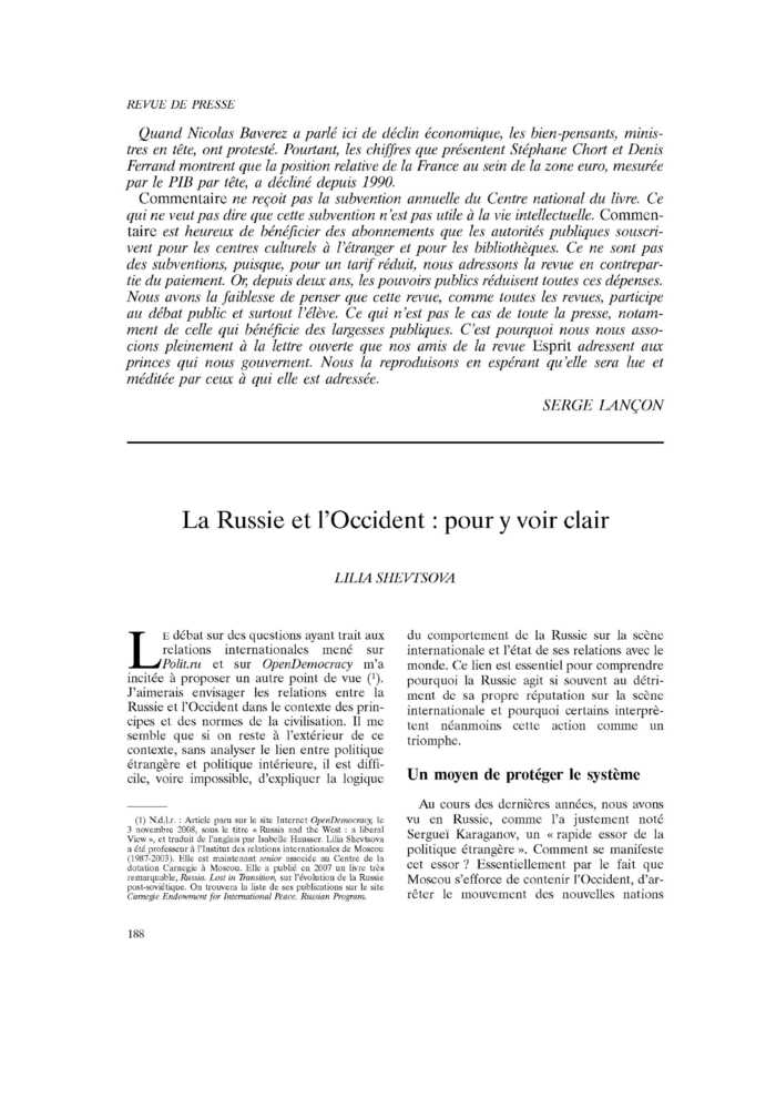 La Russie et l’Occident : pour y voir clair
 – page 1
