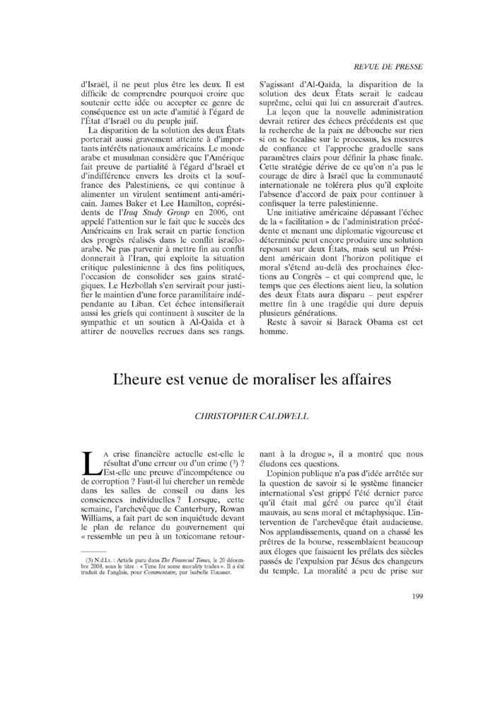 L’heure est venue de moraliser les affaires
 – page 1