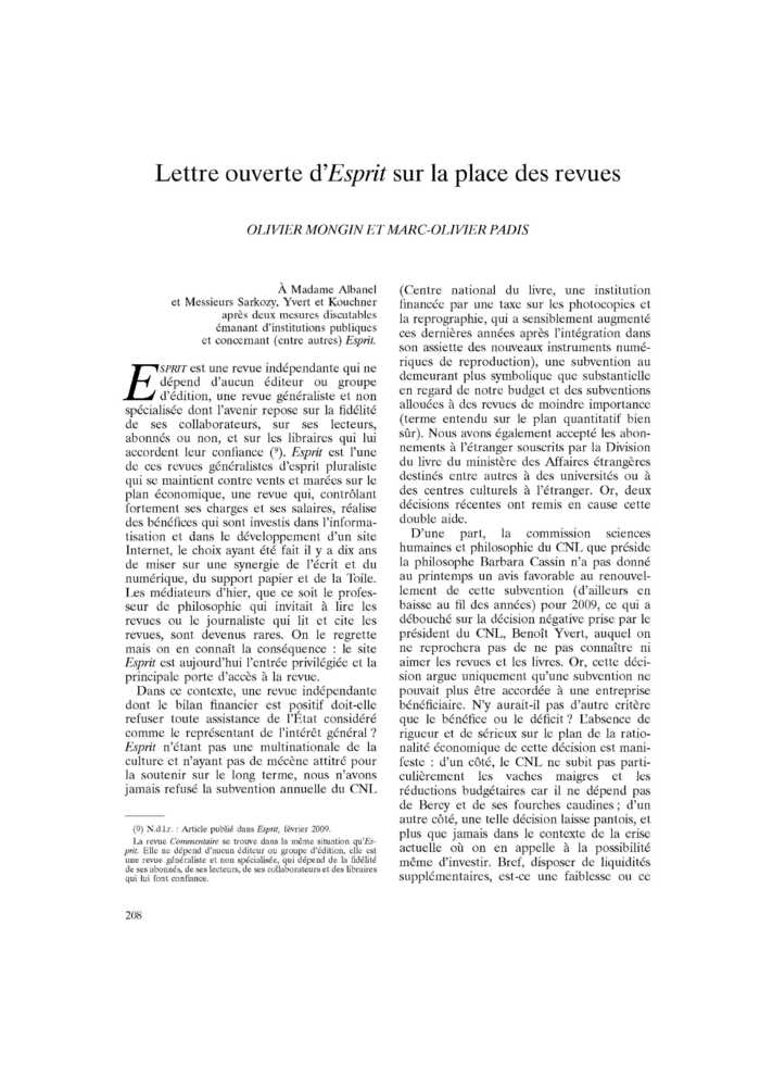 Lettre ouverte d’Esprit sur la place des revues
 – page 1