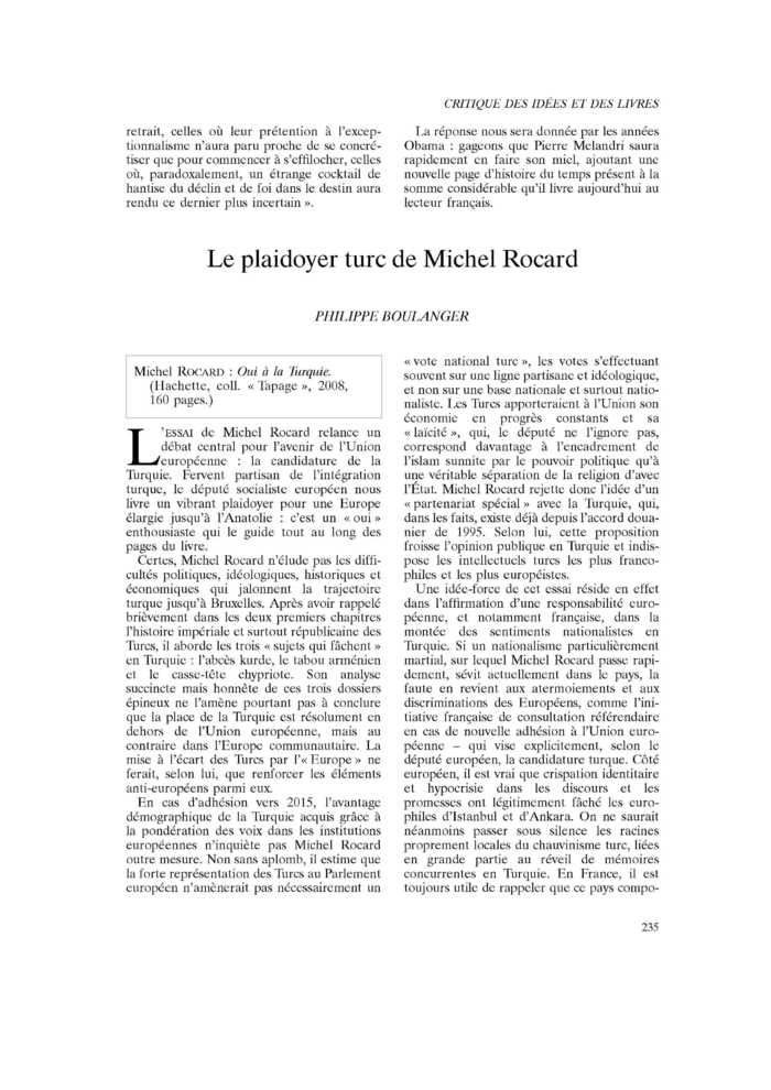 Le plaidoyer turc de Michel Rocard
 – page 1