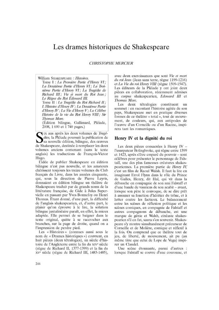 Les drames historiques de Shakespeare
 – page 1