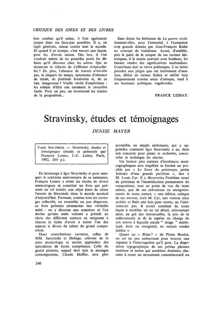 Stravinsky, études et témoignages
 – page 1