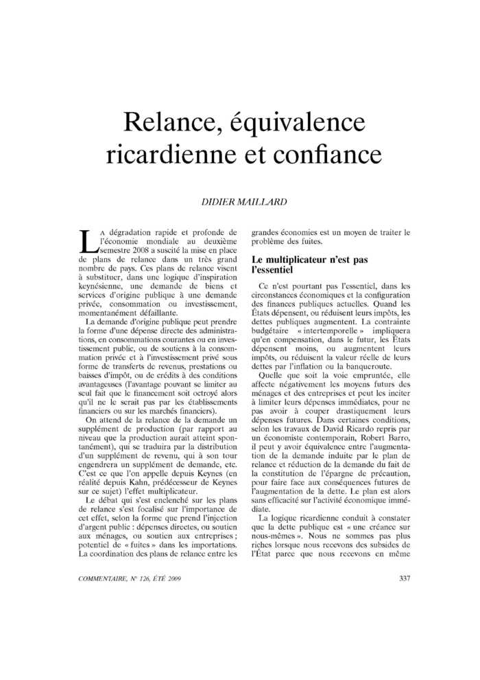 Relance, équivalence ricardienne et confiance
 – page 1