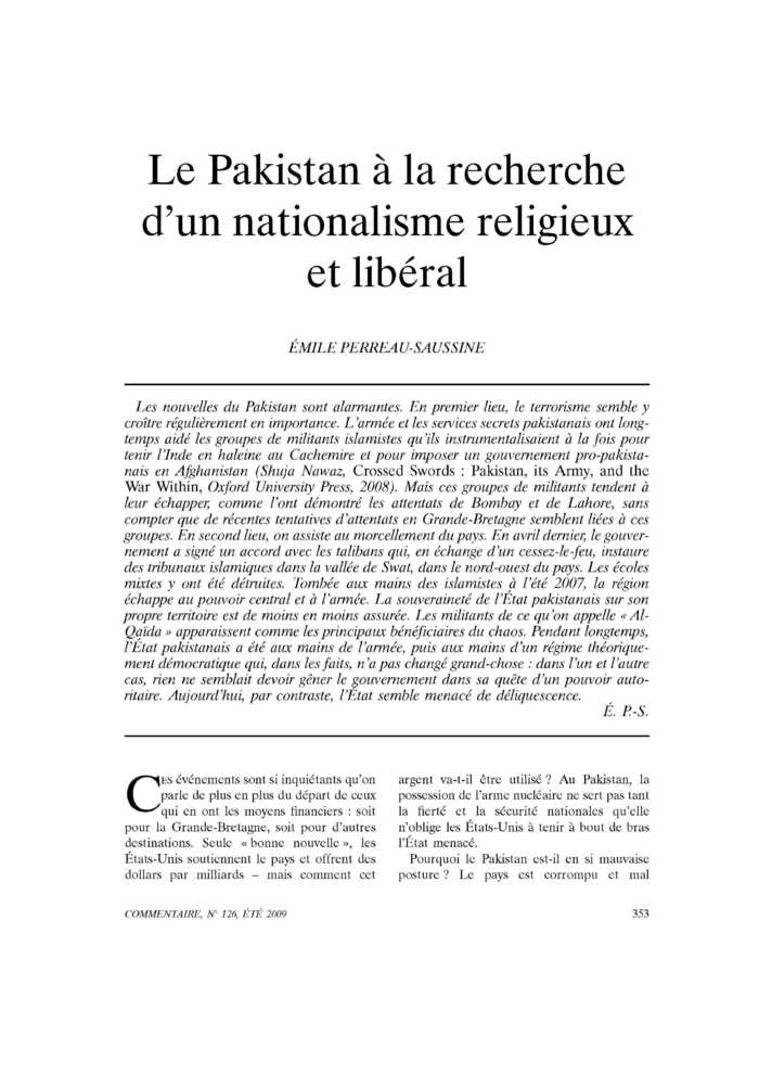 Le Pakistan à la recherche d’un nationalisme religieux et libéral
 – page 1