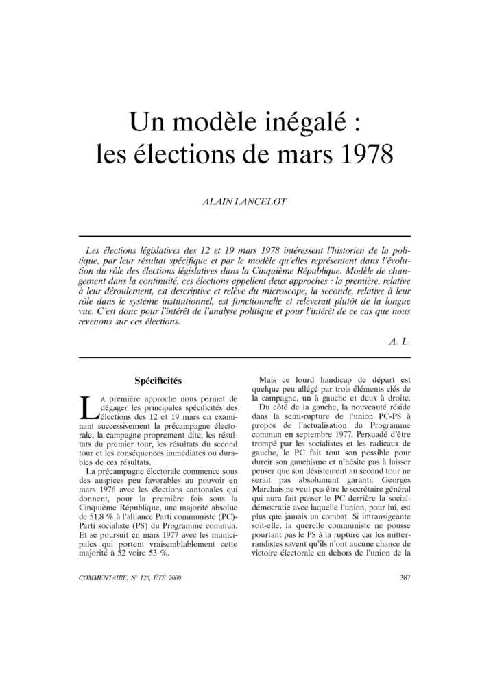 Un modèle inégalé : les élections de mars 1978
 – page 1