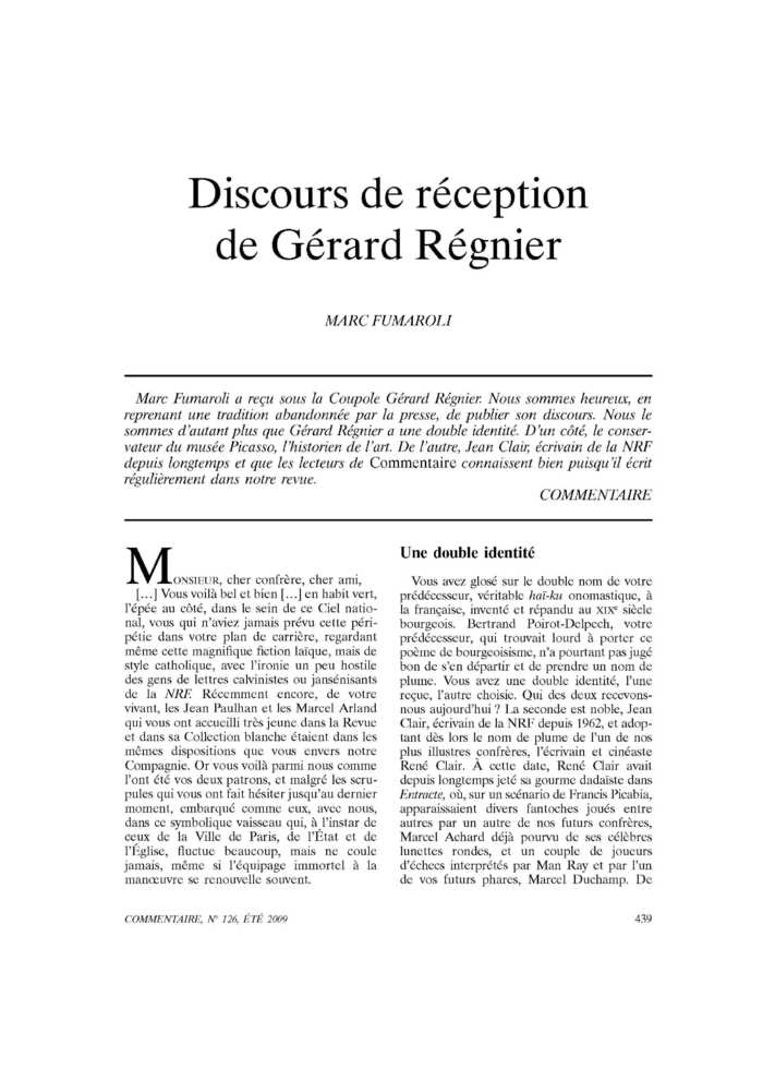 Discours de réception de Gérard Régnier
 – page 1