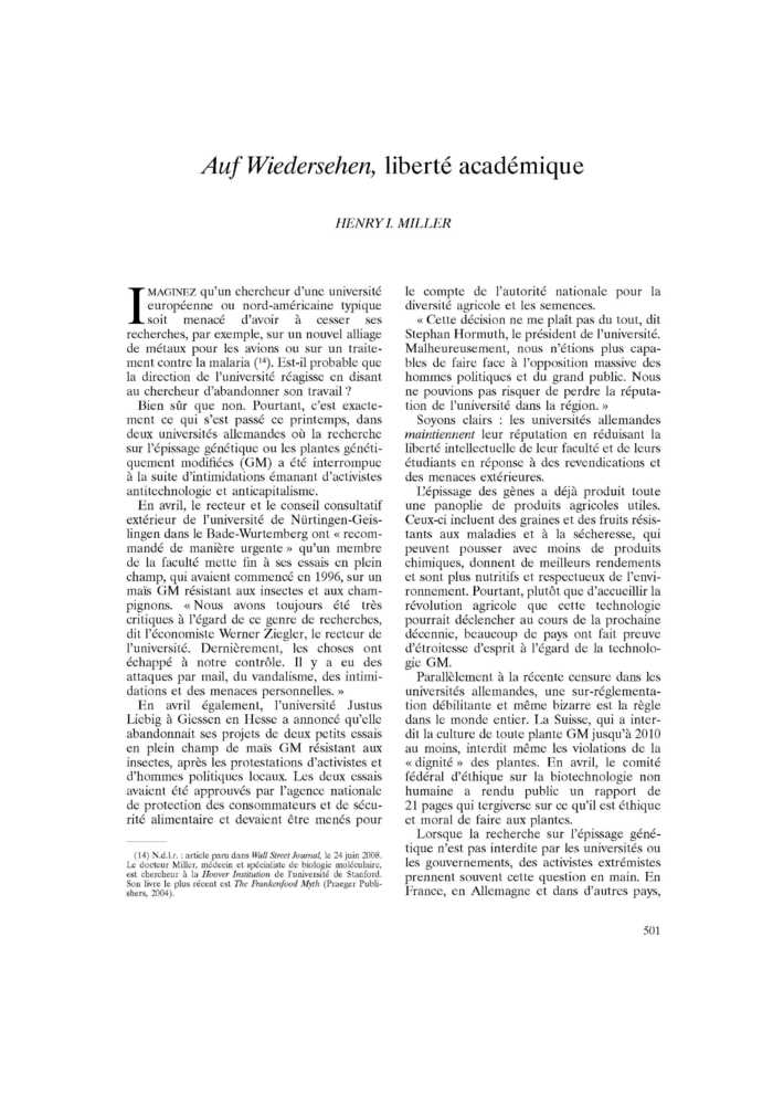 Auf Wiedersehen, liberté académique
 – page 1