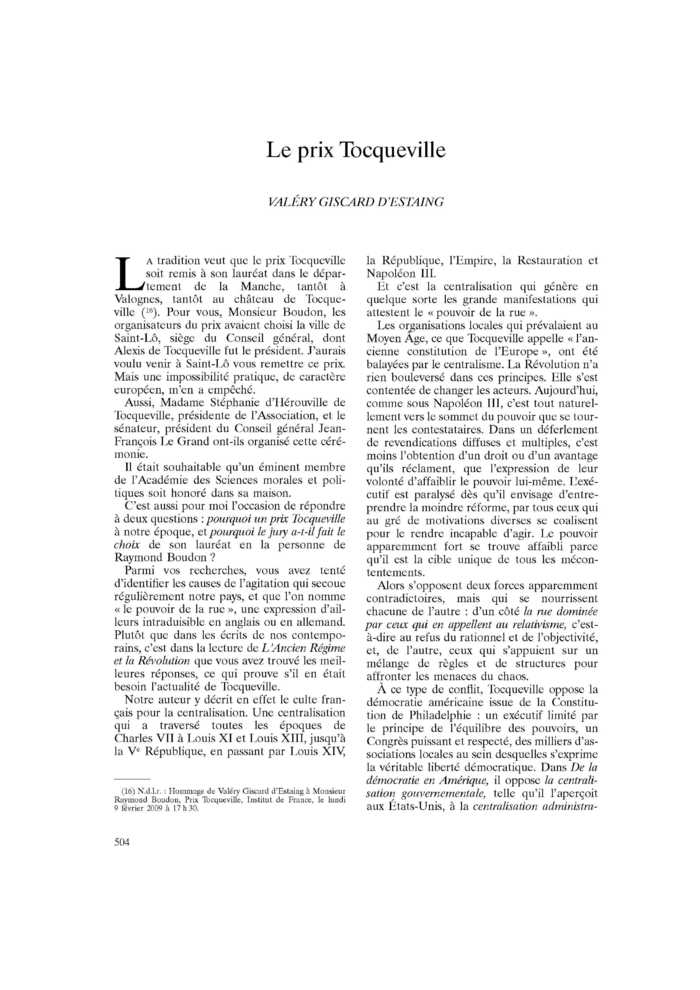 Le prix Tocqueville
 – page 1