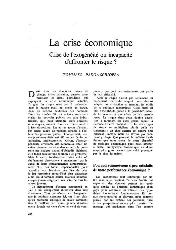 La crise économique. Crise de l’exogénéité ou incapacité d’affronter le risque ?
 – page 1