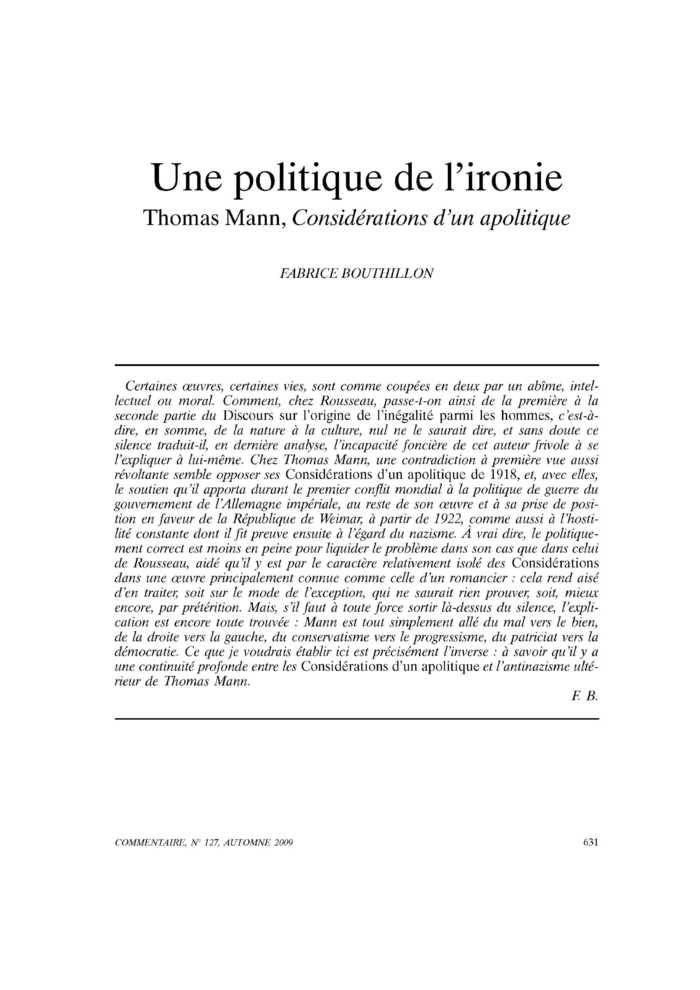 Une politique de l’ironie. Thomas Mann, Considérations d’un apolitique
 – page 1