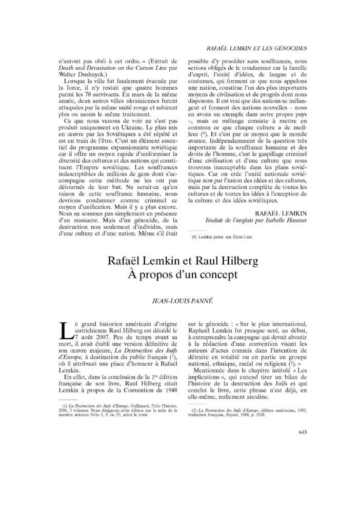 Rafaël Lemkin et Raul Hilberg. À propos d’un concept
 – page 1