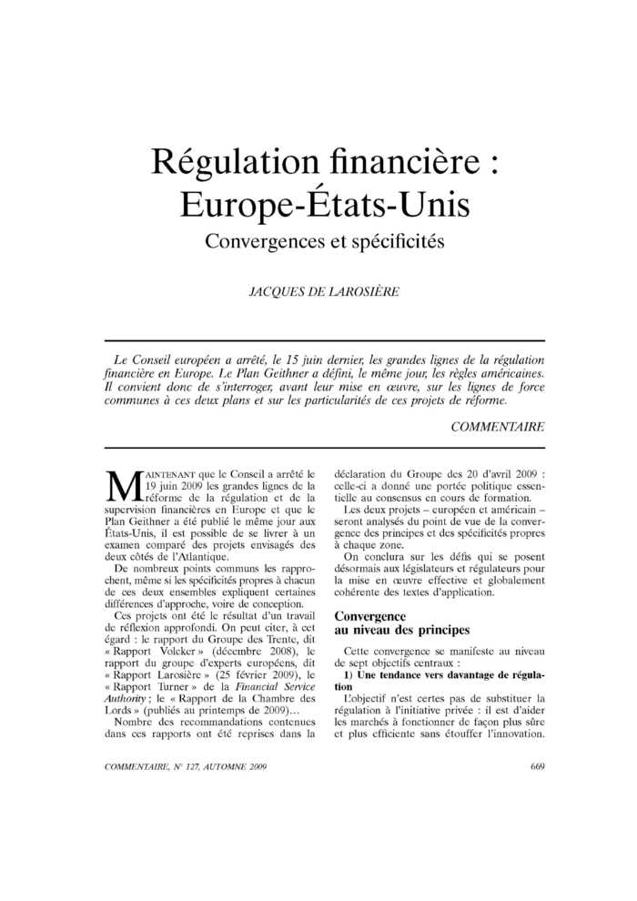 Régulation financière : Europe-États-Unis. Convergences et spécificités
 – page 1