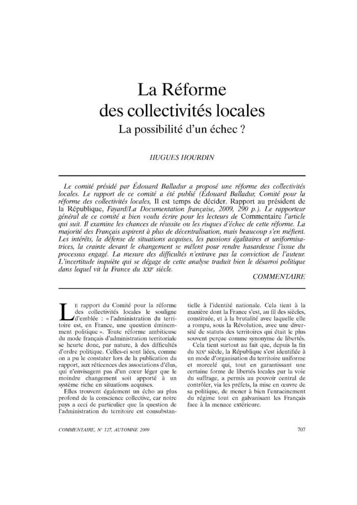 La Réforme des collectivités locales. La possibilité d’un échec ?
 – page 1