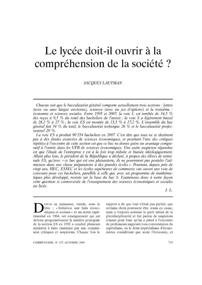 Le lycée doit-il ouvrir à la compréhension de la société ?
 – page 1