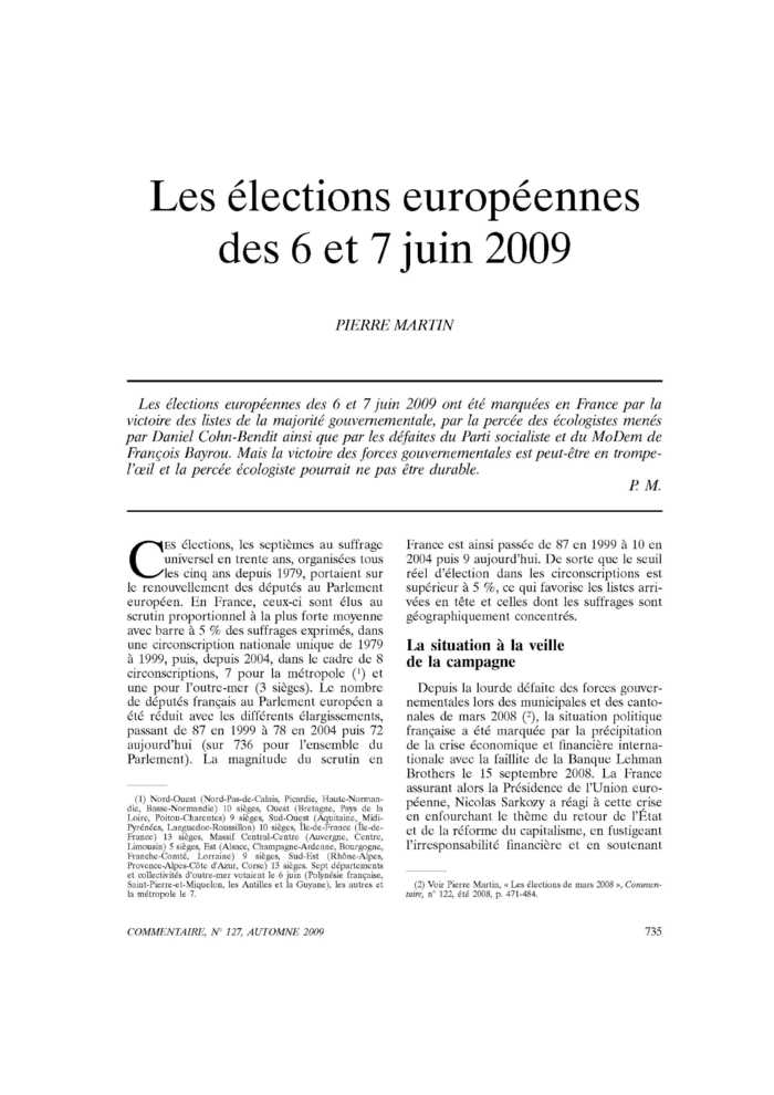 Les élections européennes des 6 et 7 juin 2009
 – page 1