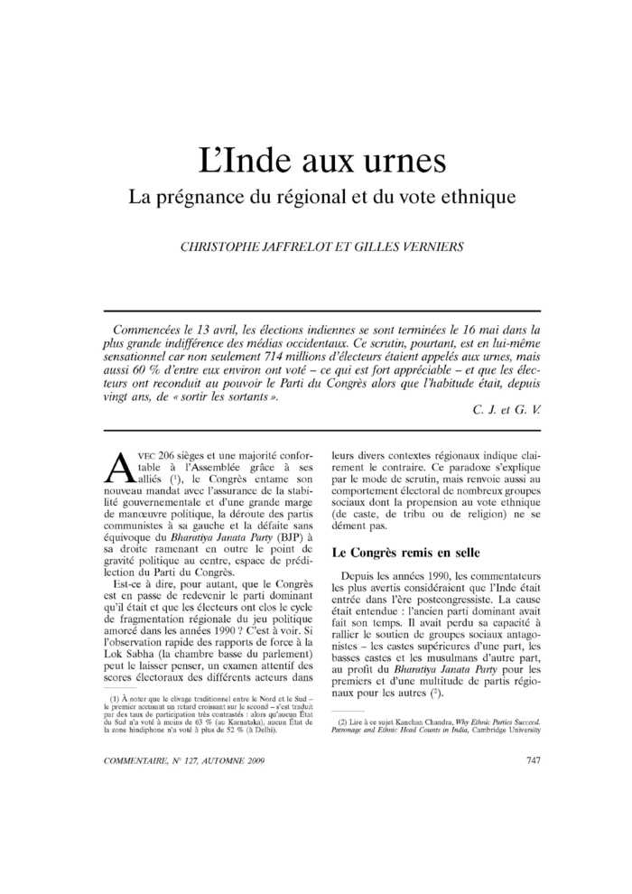 L’Inde aux urnes. La prégnance du régional et du vote ethnique
 – page 1