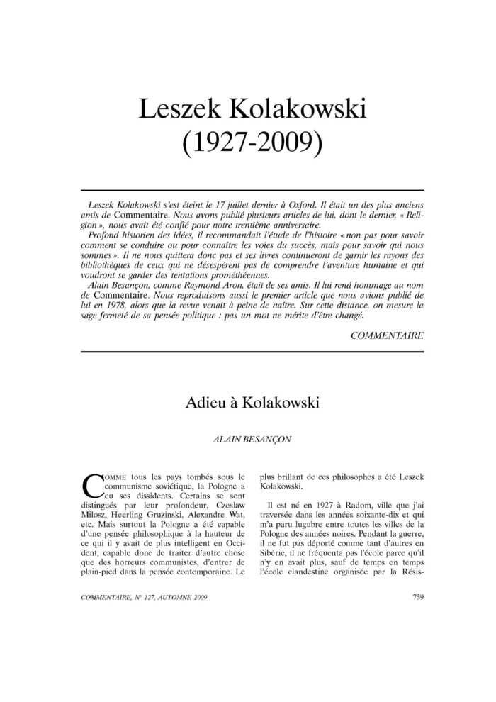 Adieu à Kolakowski
 – page 1