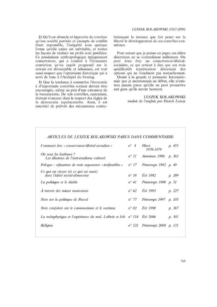 ARTICLES DE LESZEK KOLAKOWSKI PARUS DANS COMMENTAIRE
 – page 1