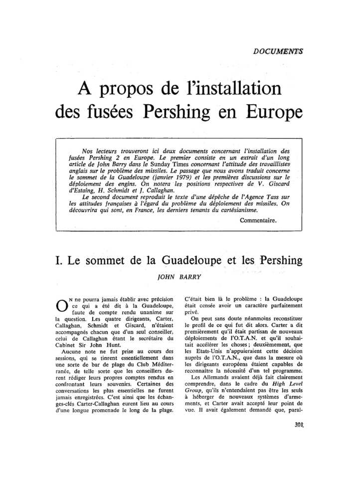 À propos de l’installation des fusées Pershing en Europe. I. Le sommet de la Guadeloupe et les Pershing
 – page 1