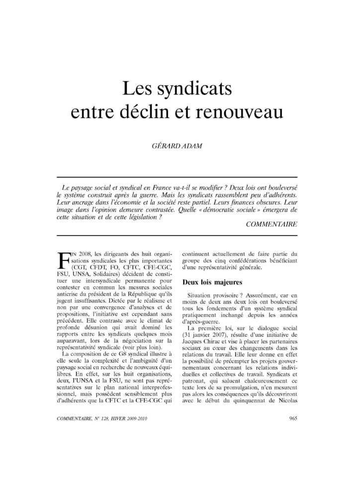 Les syndicats entre déclin et renouveau
 – page 1