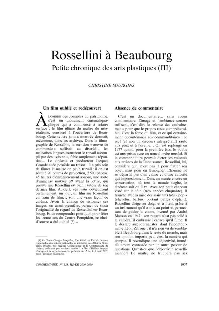 Rossellini à Beaubourg. Petite chronique des arts plastiques (III)
 – page 1