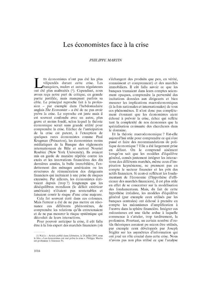 Les économistes face à la crise
 – page 1