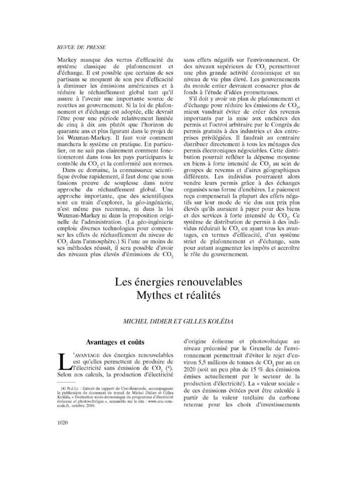 Les énergies renouvelables. Mythes et réalités
 – page 1