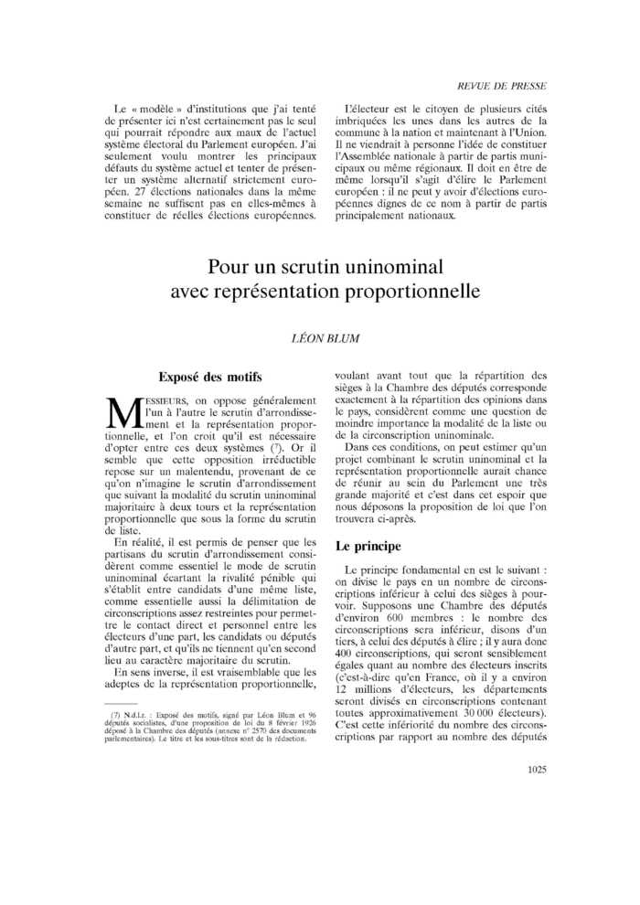 Pour un scrutin uninominal avec représentation proportionnelle
 – page 1