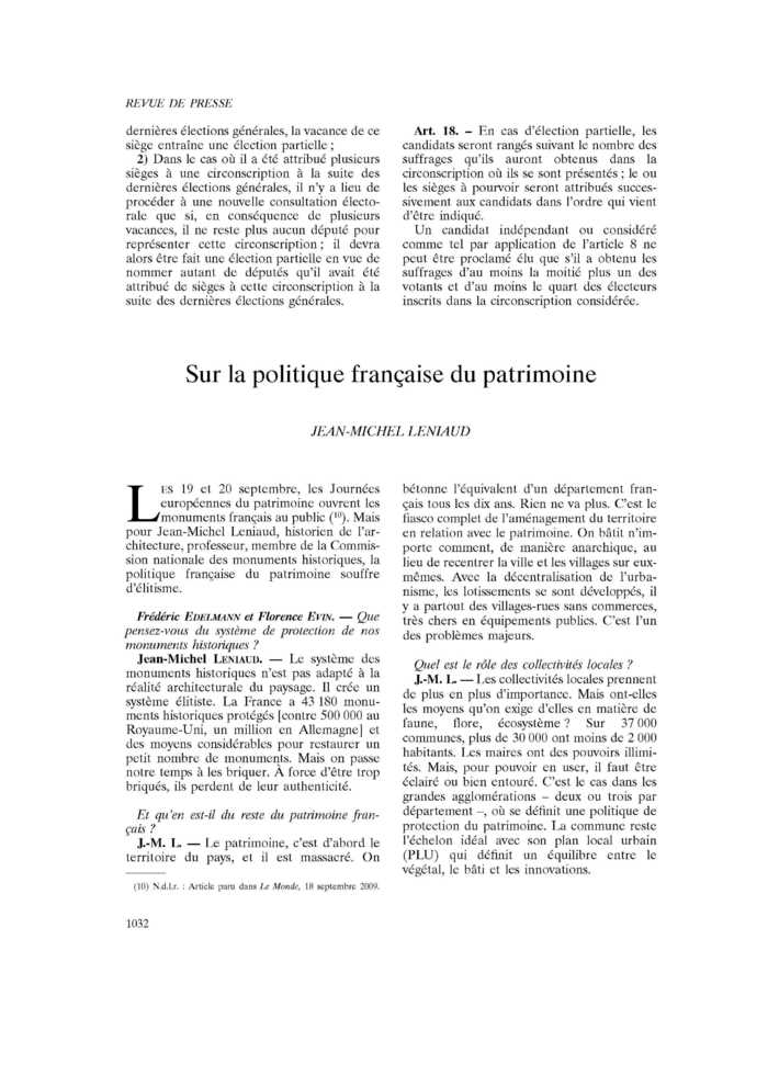 Sur la politique française du patrimoine
 – page 1