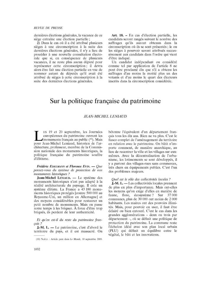 Sur la politique française du patrimoine
 – page 1