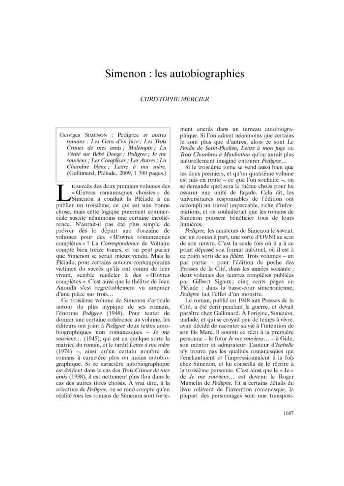 Simenon : les autobiographies
 – page 1
