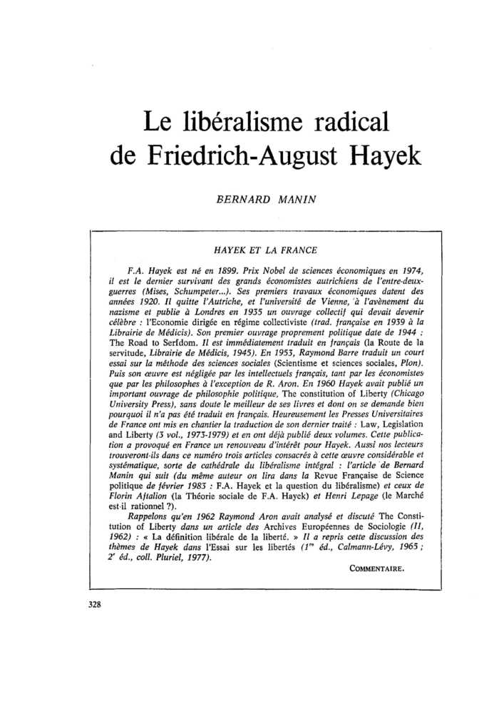 Le libéralisme radical de Friedrich-August Hayek
 – page 1
