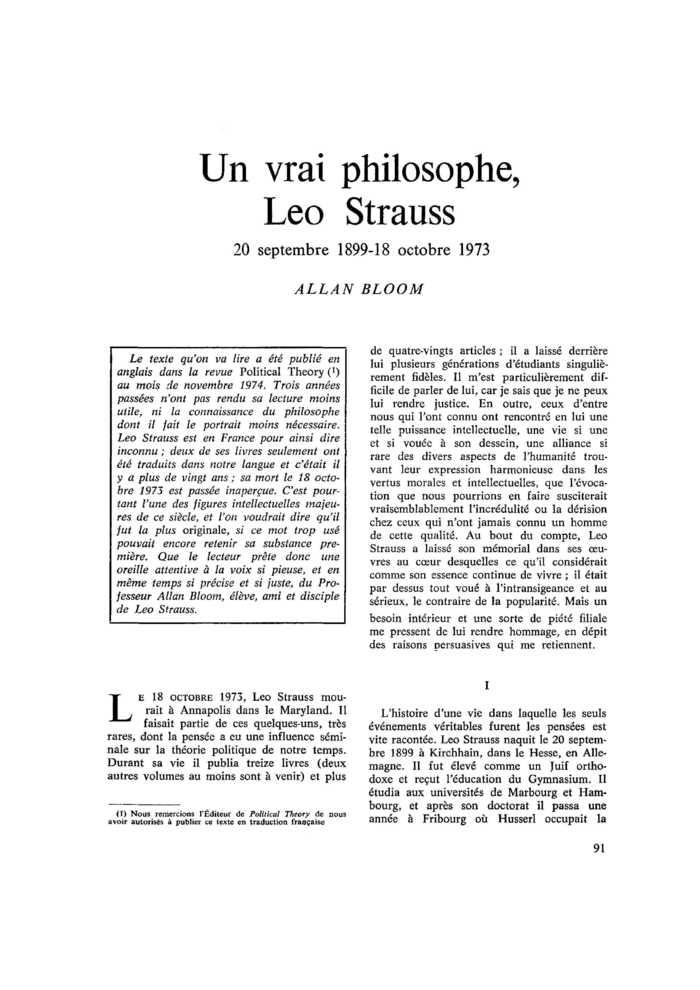 Un vrai philosophe : Leo Strauss
 – page 1