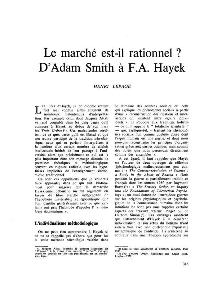 Le marché est-il rationnel ? D’Adam Smith à F.A. Hayek
 – page 1