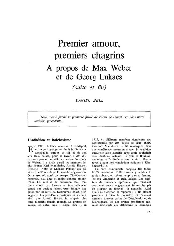 Premier amour, premiers chagrins. À propos de Max Weber et de Georg Lukacs (suite et fin)
 – page 1