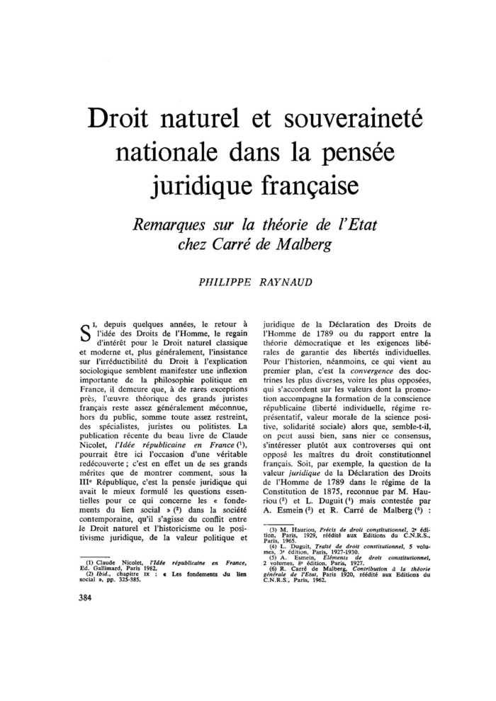 Droit naturel et souveraineté nationale dans la pensée juridique française. Remarques sur la théorie de l’État chez Carré de Malberg
 – page 1