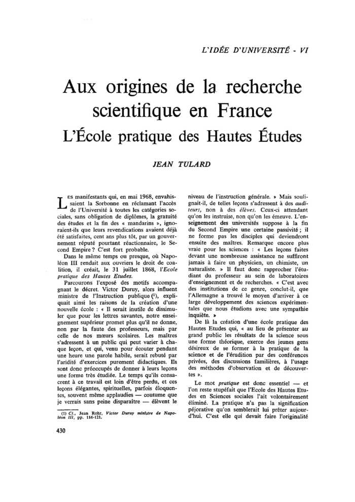 Aux origines de la recherche scientifique en France. L’École pratique des Hautes Études
 – page 1
