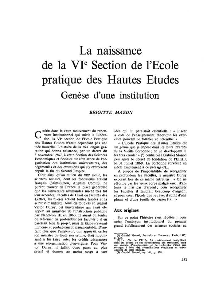 La naissance de la VIe Section de l’École pratique des Hautes Études. Genèse d’une institution
 – page 1