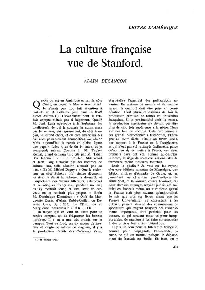 LETTRE D’AMÉRIQUE. La culture française vue de Stanford
 – page 1