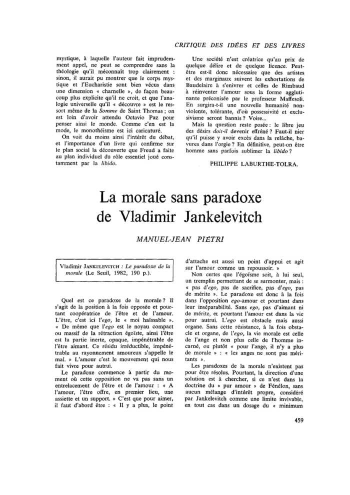La morale sans paradoxe de Vladimir Jankelevitch
 – page 1