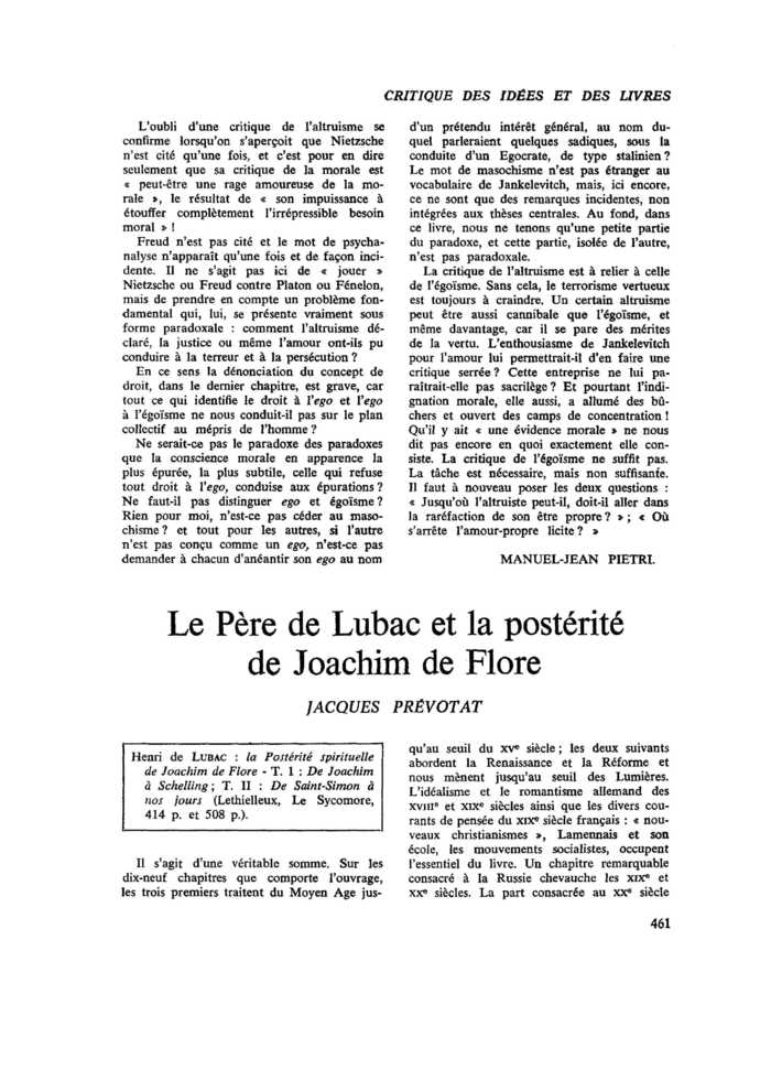 Le Père de Lubac et la postérité de Joachim de Flore
 – page 1