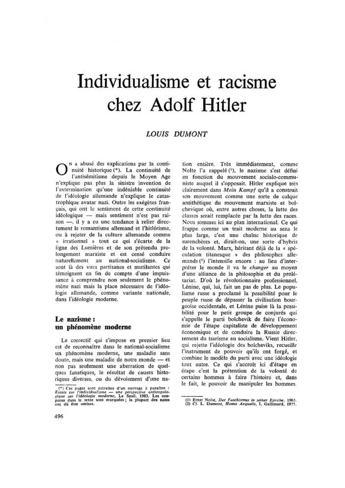 Individualisme et racisme chez Adolf Hitler
 – page 1