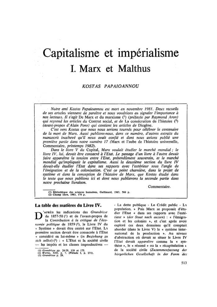 Capitalisme et impérialisme. I. Marx et Malthus
 – page 1
