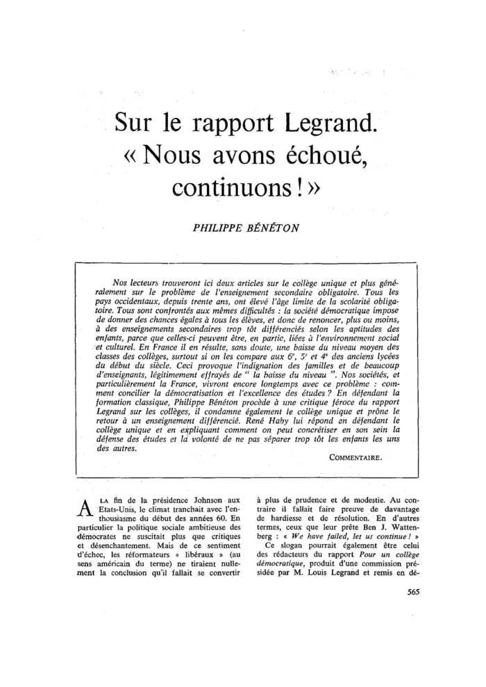 Sur le rapport Legrand. « Nous avons échoué, continuons ! »
 – page 1