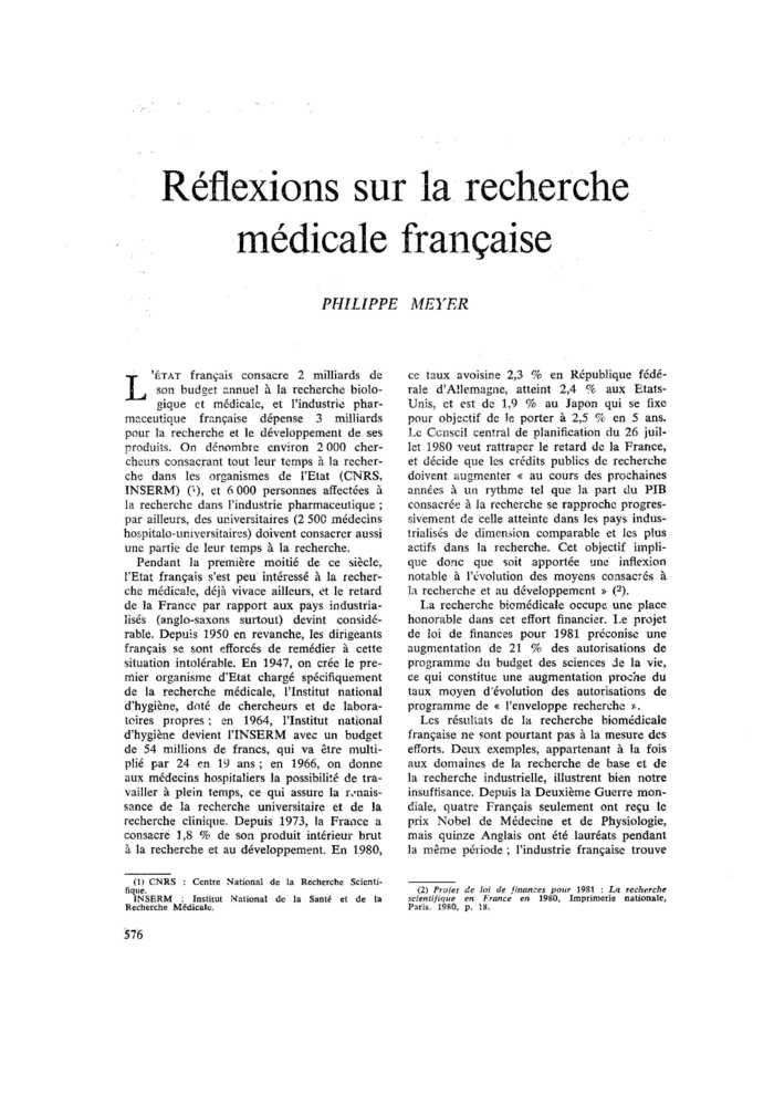 Réflexions sur la recherche médicale française
 – page 1