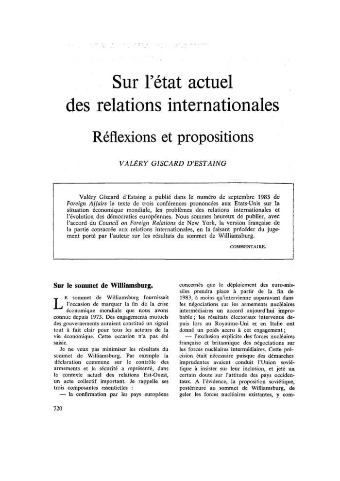 Sur l’état actuel des relations internationales. Réflexions et propositions
 – page 1