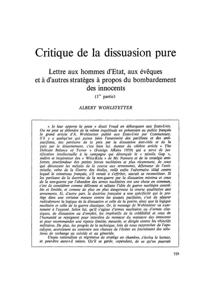 Critique de la dissuasion pure. Lettre aux hommes d’État, aux évêques et à d’autres stratèges à propos du bombardement des innocents (1ère partie)
 – page 1