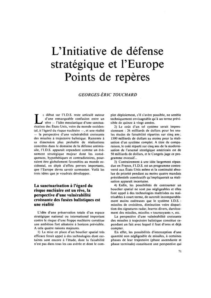 L'Initiative de défense stratégique et l'Europe. Points de repères