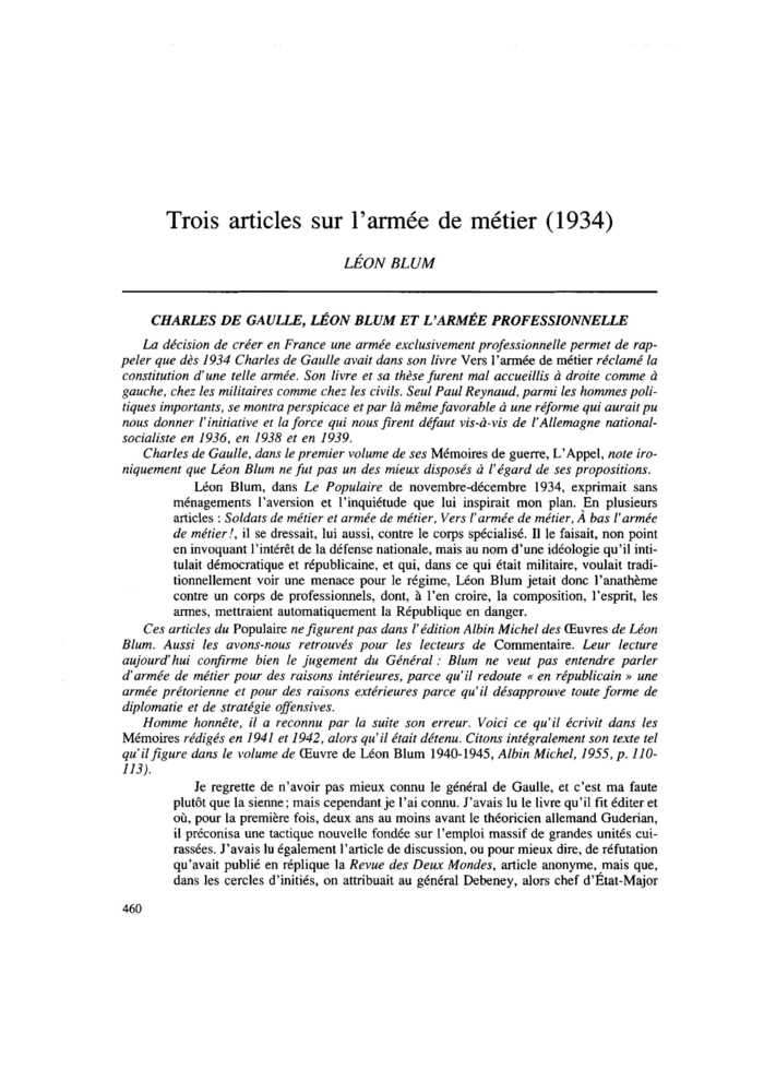 CHARLES DE GAULLE, LÉON BLUM ET L'ARMÉE PROFESSIONNELLE Commentaire